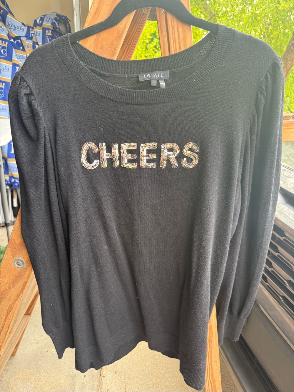 STATE Black Crewneck Sweater with Sequin CHEERS Detail